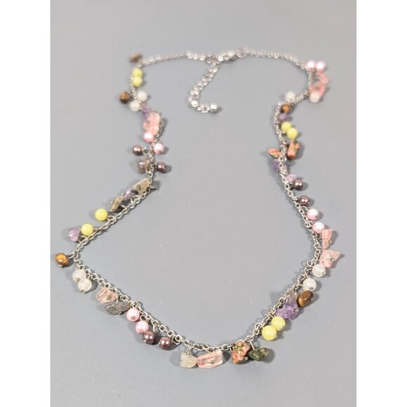 Boho Stone And Faux Pearl Charm Cluster Dainty Necklace Silver Tone 19" - Picture 2 of 9